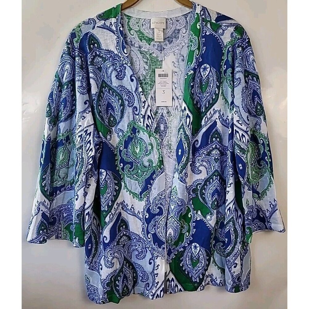 Chicos Womens Cardigan XL Blue Green Irena Ikat Paisley Open Front Lightweight